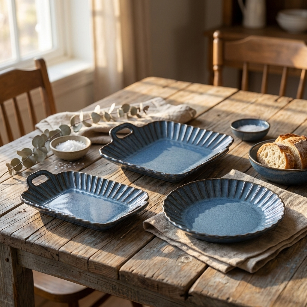 Blue ribbed ceramic oval and rectangular platters on a rustic table, Kiyo Home 22-piece dinnerware set
