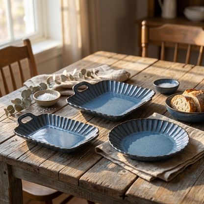 Blue ribbed ceramic oval and rectangular platters on a rustic table, Kiyo Home 22-piece dinnerware set