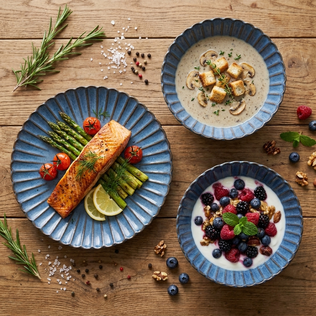 Overhead blue ribbed ceramic plates with salmon and brunch dishes, Kiyo Home 22-piece dinnerware set