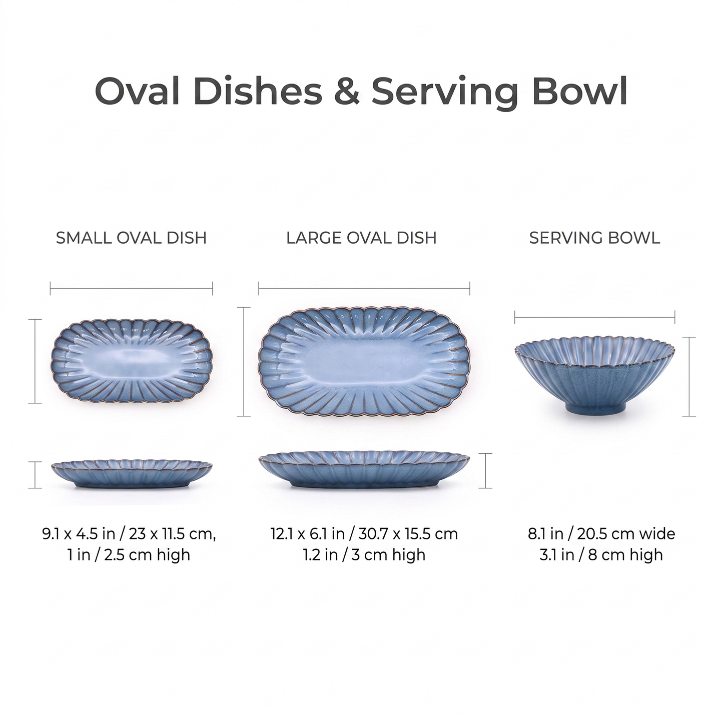 Dimensions chart for blue ribbed ceramic oval dishes and serving bowl, Kiyo Home 22-piece dinnerware set