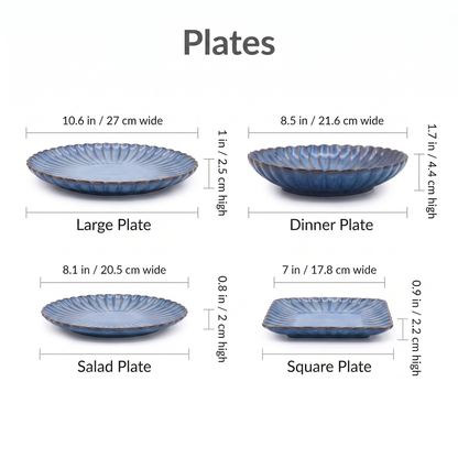 Dimensions chart for blue ribbed ceramic dinner, salad, side and square plates, Kiyo Home 22-piece set