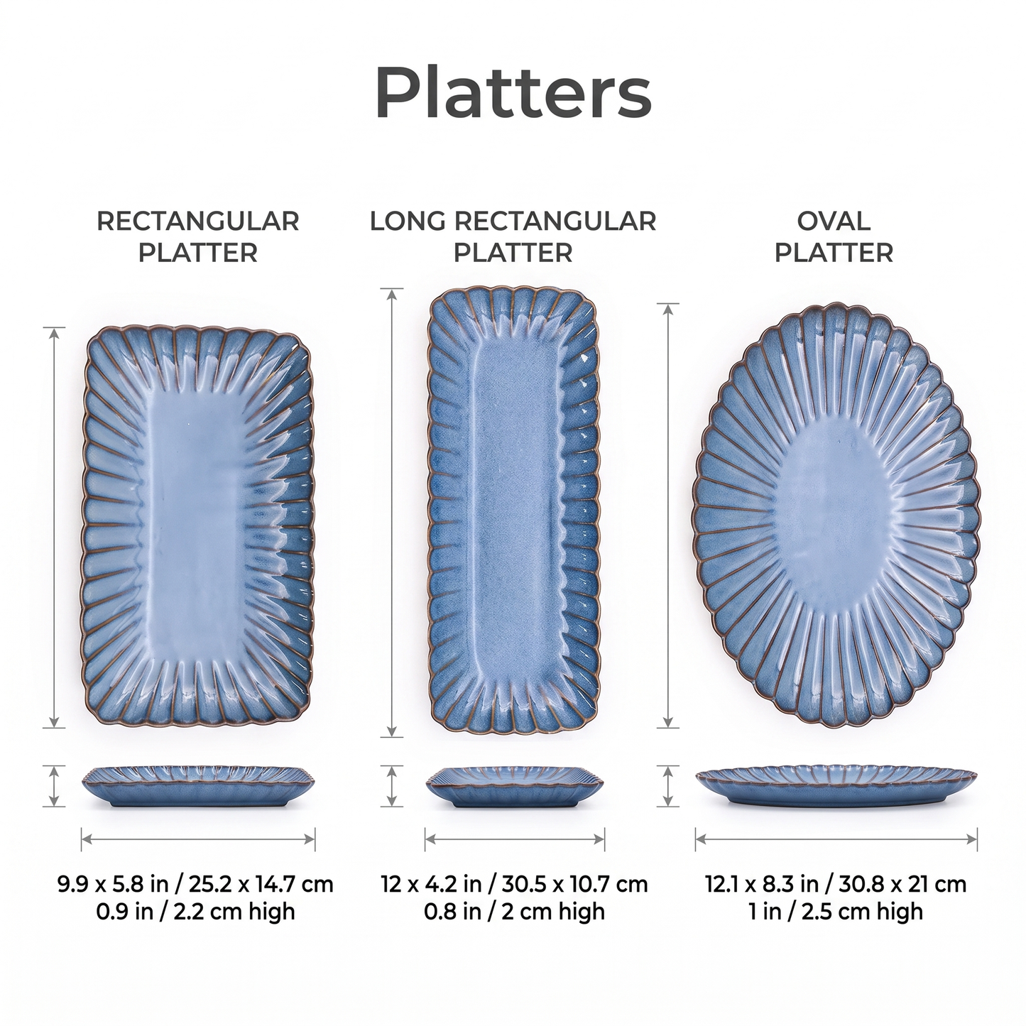 Dimensions chart for blue ribbed ceramic rectangular and oval platters, Kiyo Home 22-piece dinnerware set