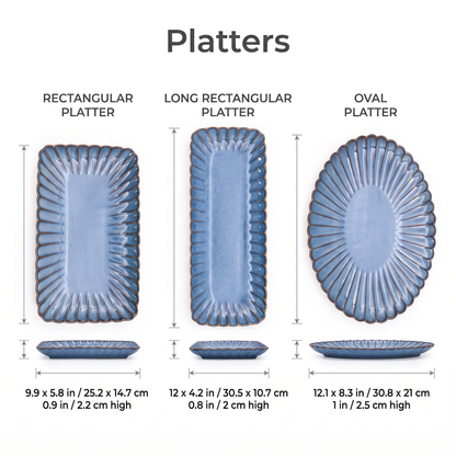 Dimensions chart for blue ribbed ceramic rectangular and oval platters, Kiyo Home 22-piece dinnerware set