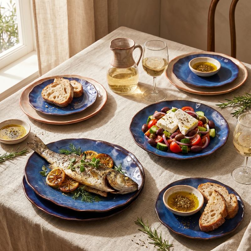 Blue wave edge ceramic dinner plates with plated food in bright dining setting