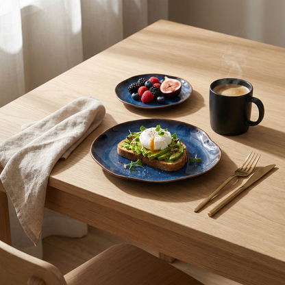 Blue wave edge ceramic dinner plate with plated dish on wooden tray