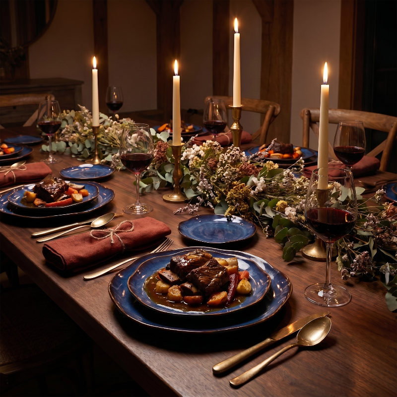 Blue wave edge ceramic dinner plates styled on dining table in moody evening setting