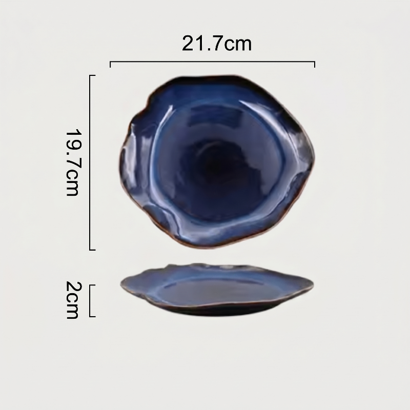 Blue wave edge ceramic dinner plate dimensions graphic with side view on white background