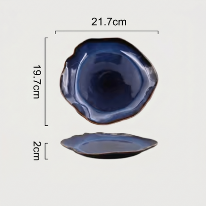 Blue wave edge ceramic dinner plate dimensions graphic with side view on white background