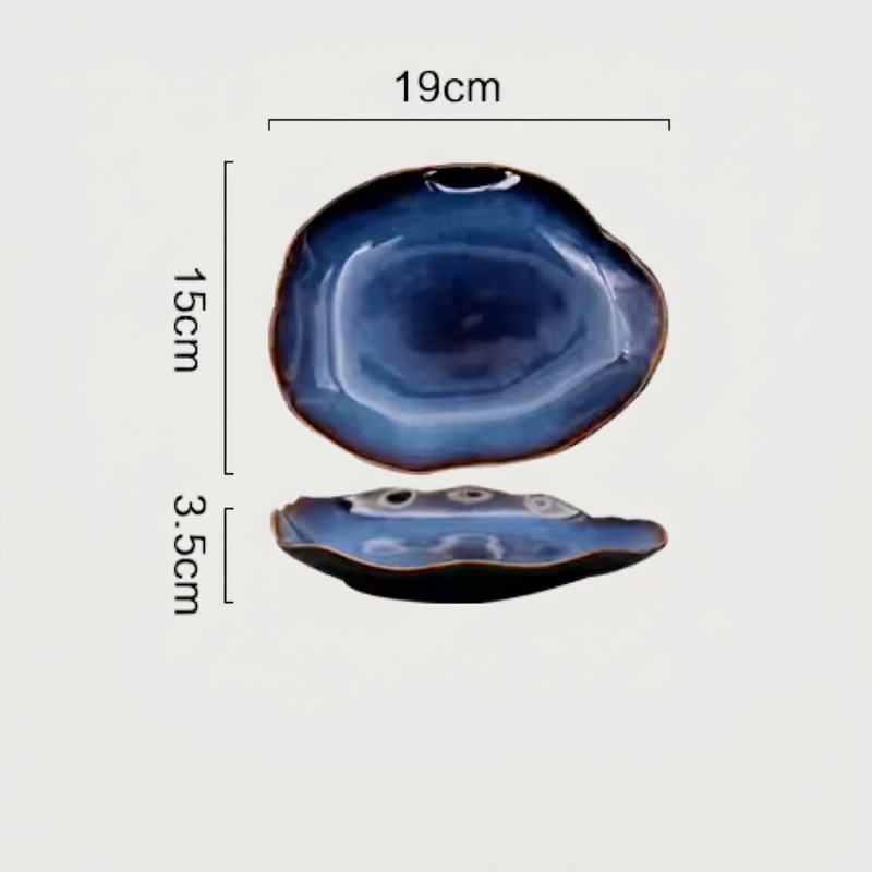 Blue wave edge ceramic dinner plate dimensions graphic on white background