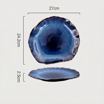 Blue wave edge ceramic dinner plate dimensions graphic on white background