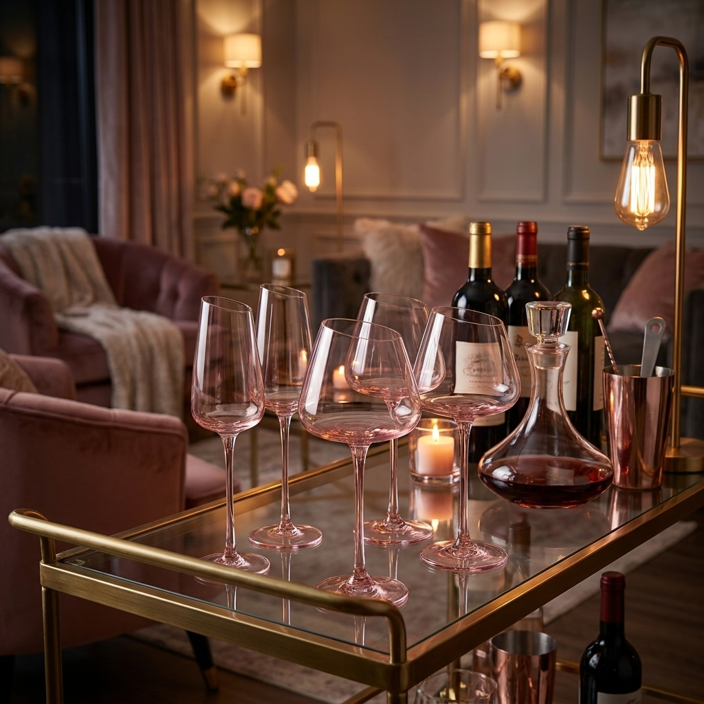 Blush pink wine glasses styled on a bar cart with wine bottles