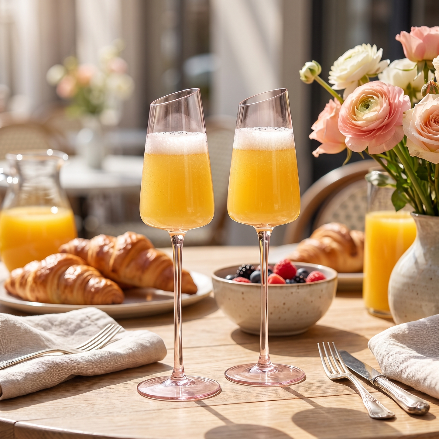 Blush pink champagne flutes filled with mimosas on a bright brunch table with flowers