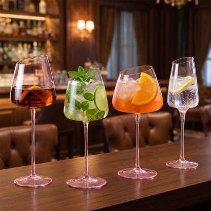 Blush pink wine glasses arranged on a cocktail bar with wine and decanter