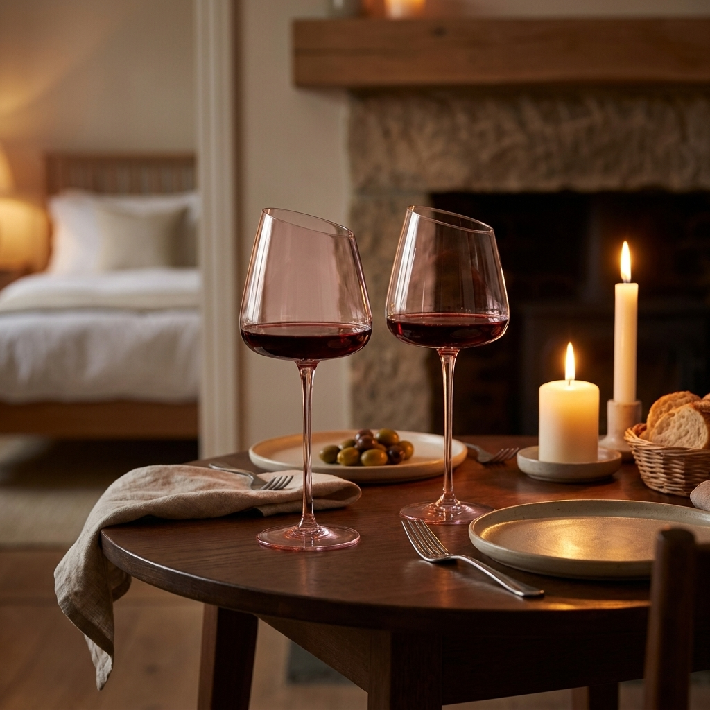 Blush pink wine glasses with red wine on a table by a fireside dinner