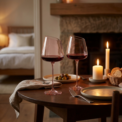 Blush pink wine glasses with red wine on a table by a fireside dinner