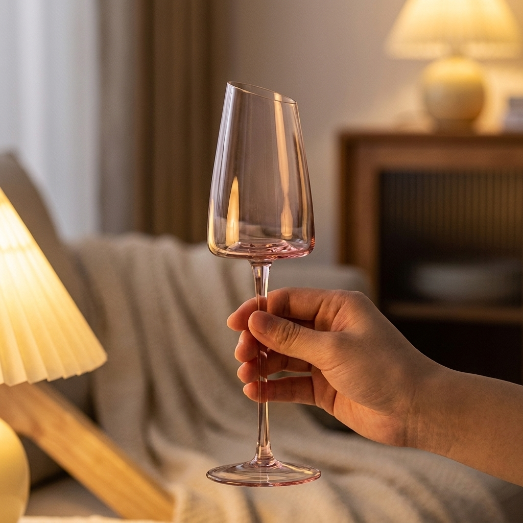 Blush pink wine glass held in hand in a cozy warm interior