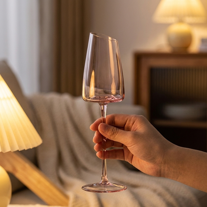 Blush pink wine glass held in hand in a cozy warm interior