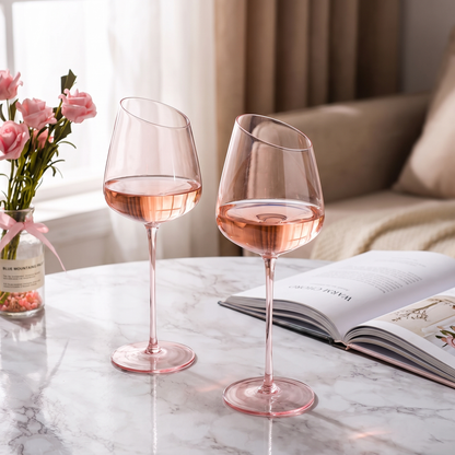 Blush pink wine glasses with rose on a marble table beside a book and flowers