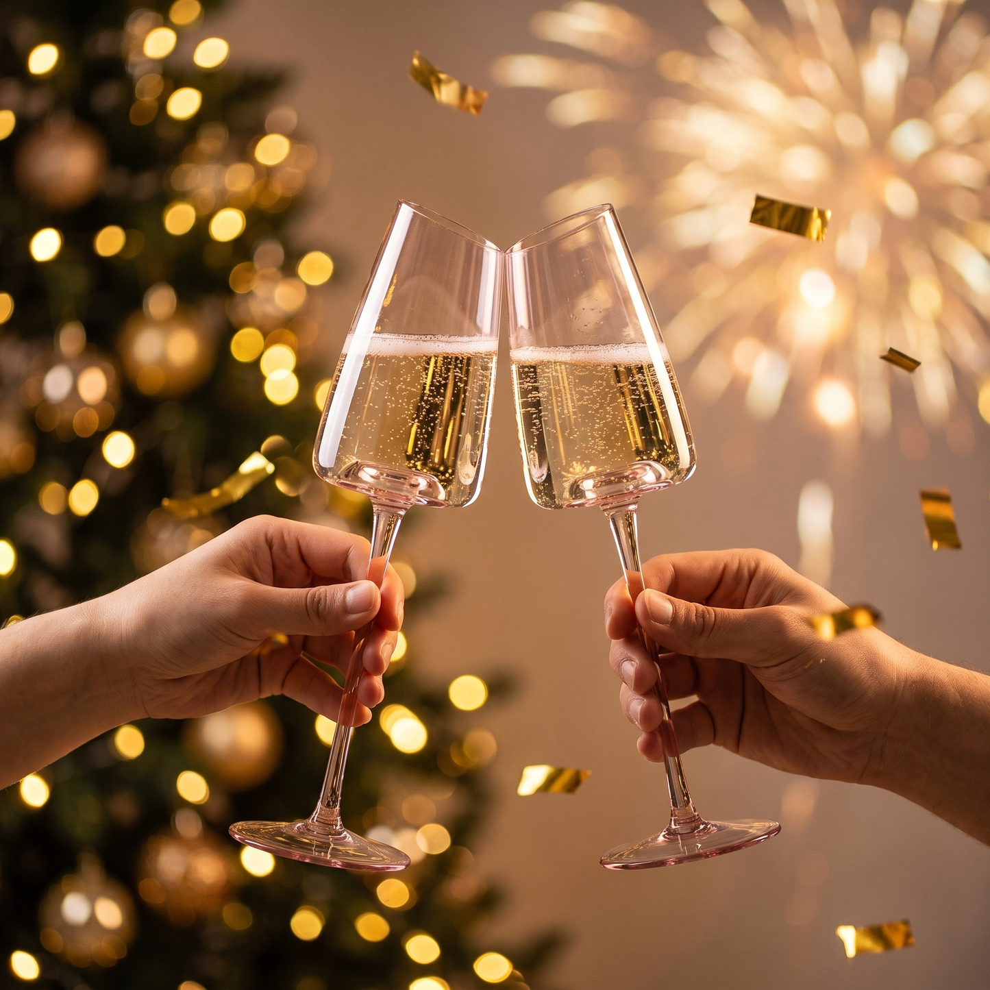 Blush pink champagne flutes raised in a New Year's Eve toast with gold confetti and bokeh lights