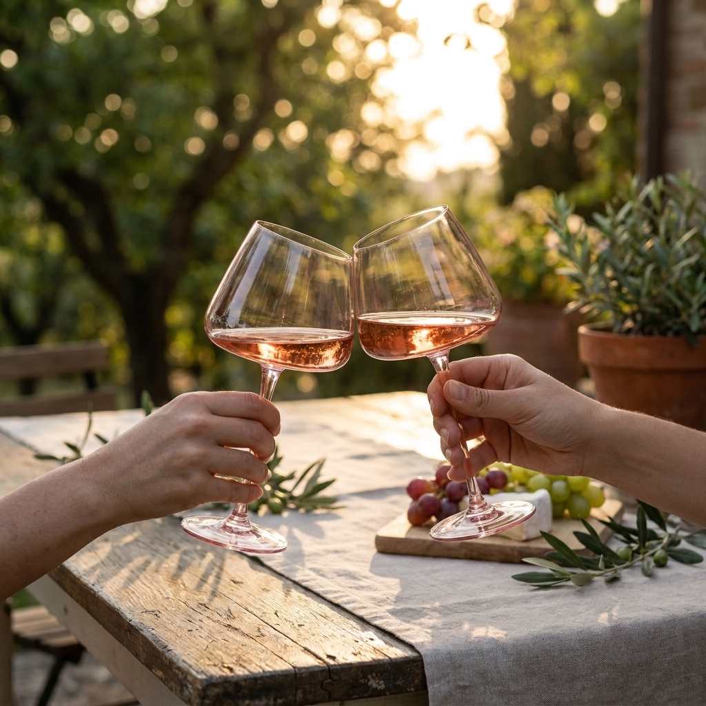 Blush pink wine glasses raised in an outdoor toast at golden hour