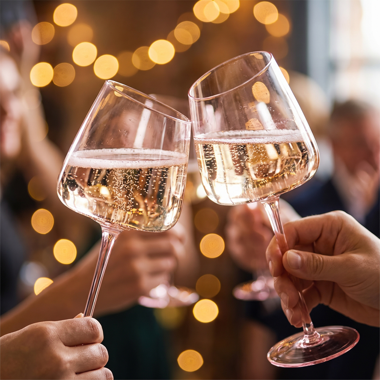 Blush pink wine glasses filled with sparkling wine raised in a celebratory toast
