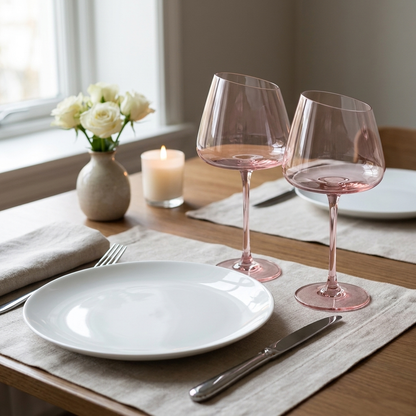 Blush pink wine glasses on a set dining table with roses and candles