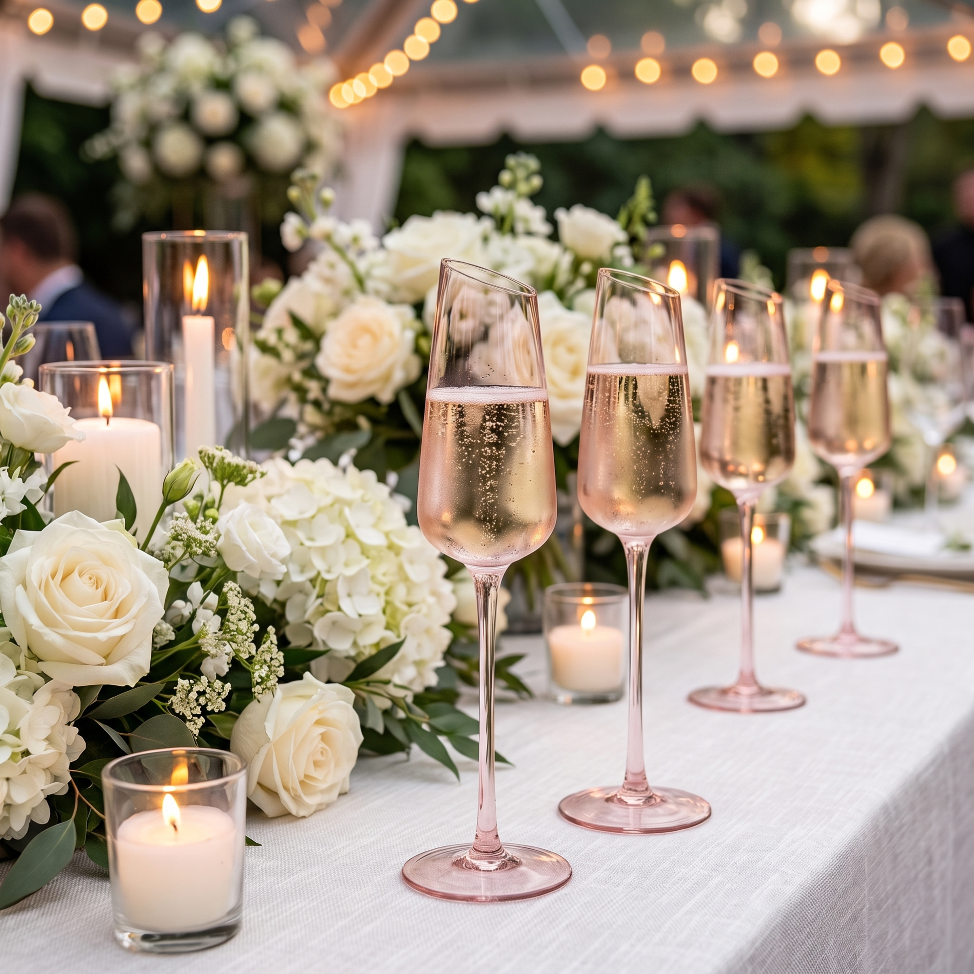 Blush pink champagne flutes on an elegant wedding reception table with white florals and candles
