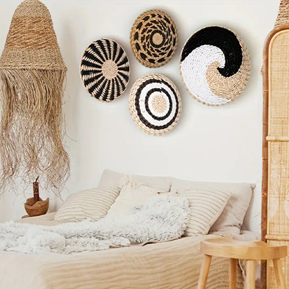 Stylish boho woven wall baskets, ideal for enhancing living room or bedroom walls.