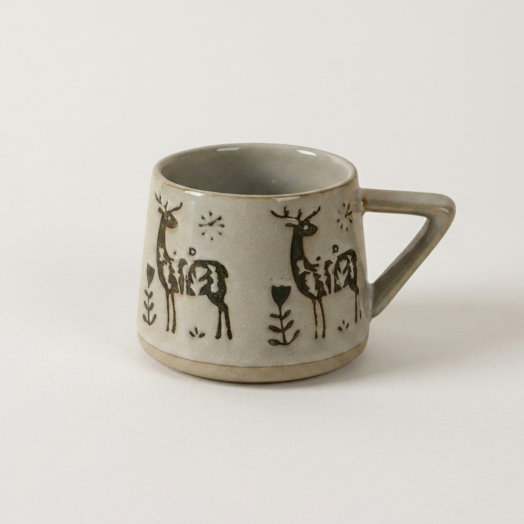 Botanical ceramic coffee mug with a hand-painted deer design on a clean off-white background