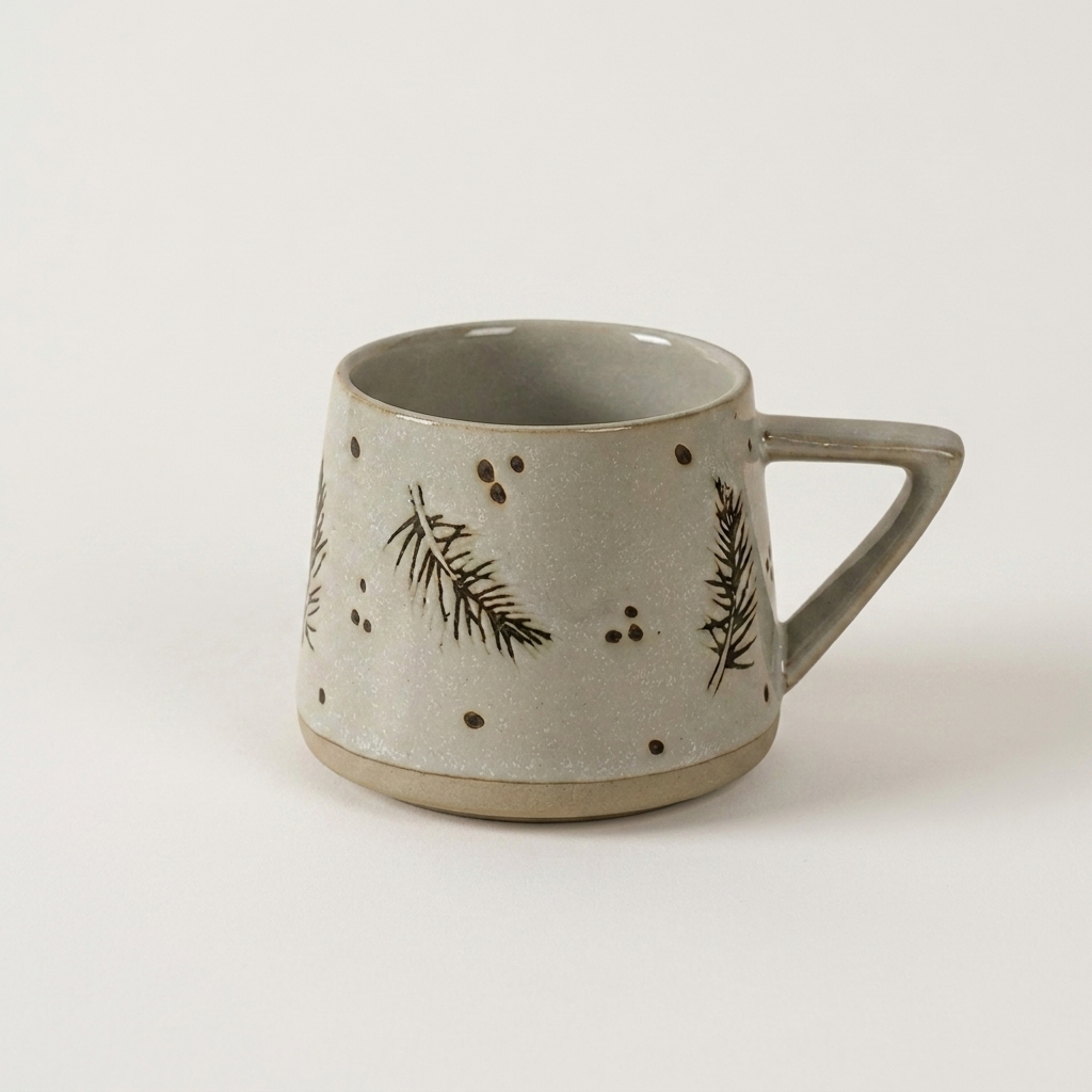 Botanical ceramic coffee mug with a hand-painted fern sprig design on a clean off-white background