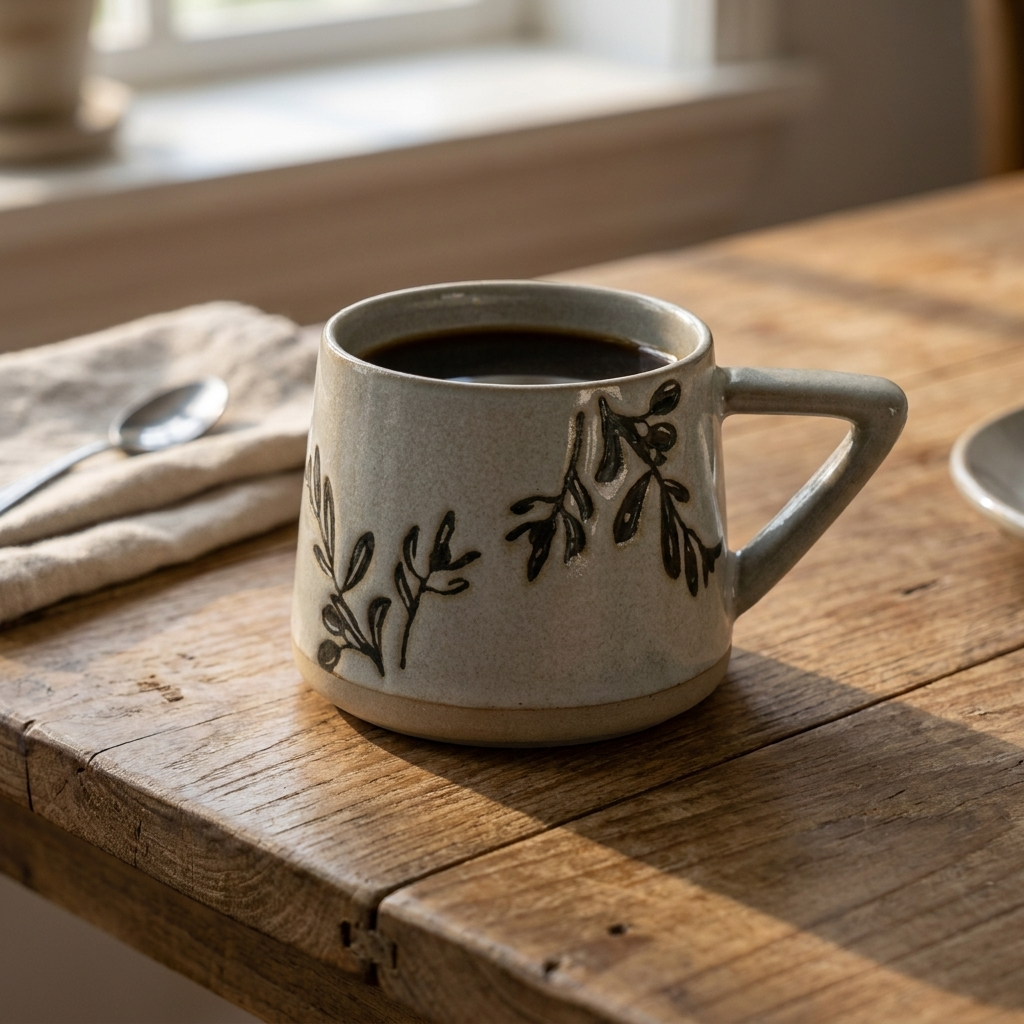 Close-up of a botanical ceramic coffee mug showing the hand-painted leaf design