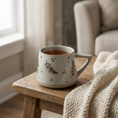 Botanical ceramic coffee mug with tea on a side table by a sofa
