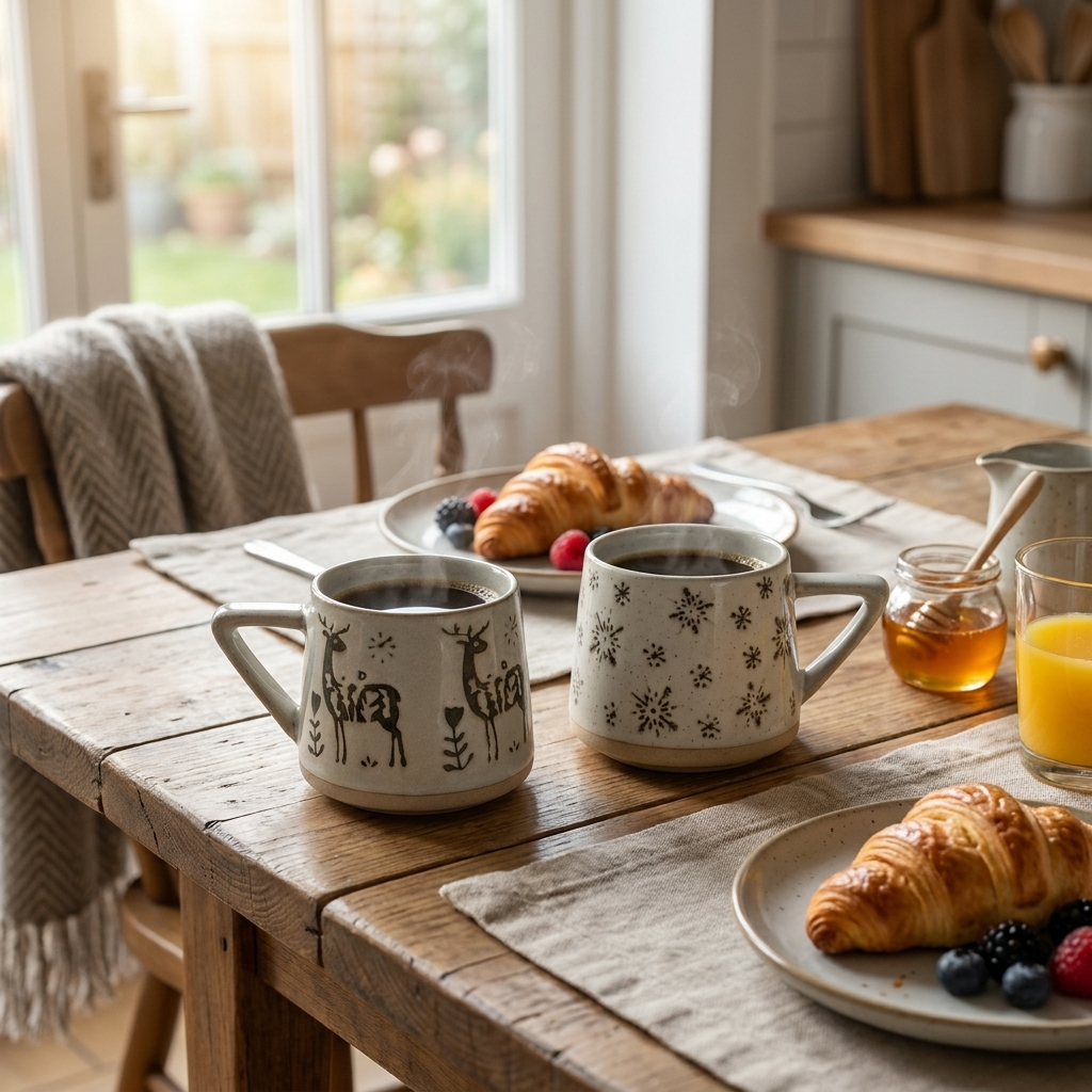 Botanical ceramic coffee mugs on a breakfast table with croissants and fruit