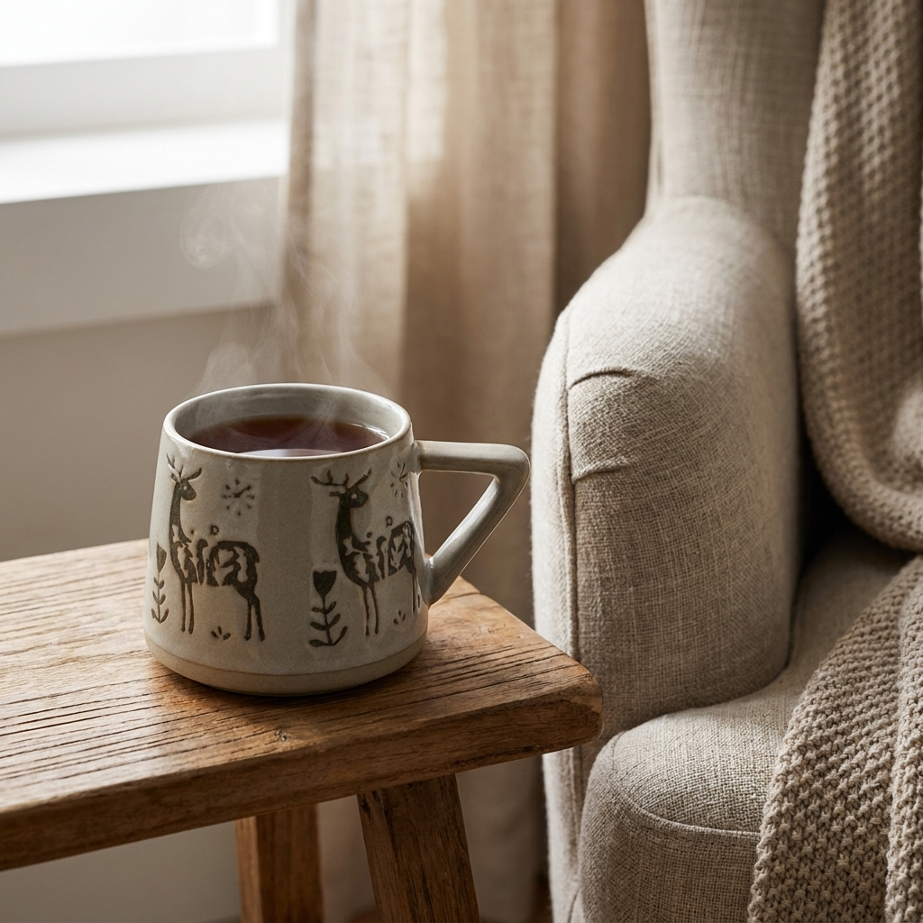 Deer botanical ceramic coffee mug on a table beside a cozy armchair