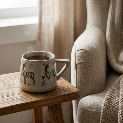 Deer botanical ceramic coffee mug on a table beside a cozy armchair