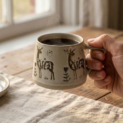 Deer botanical ceramic coffee mug held in hand filled with coffee