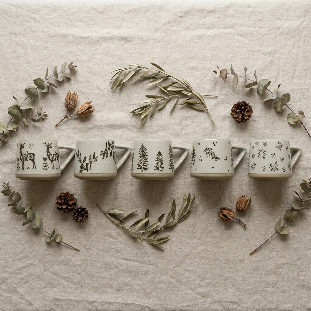 Flat lay of botanical ceramic coffee mugs arranged with eucalyptus and pinecones