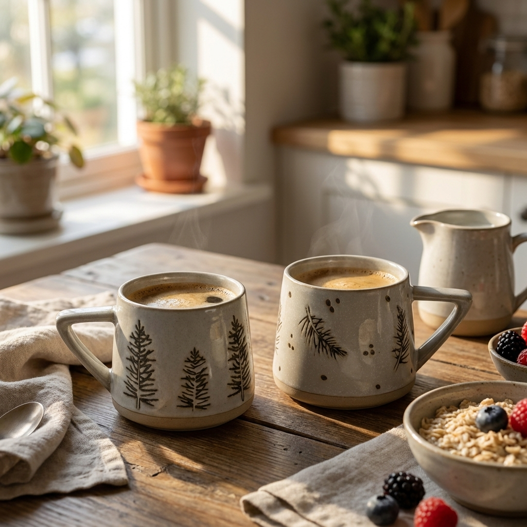 Botanical ceramic coffee mugs on a kitchen table by a sunny window