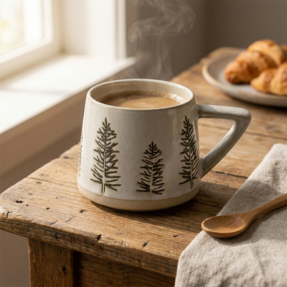 Pine tree botanical ceramic coffee mug with coffee beside croissants on a sunlit table