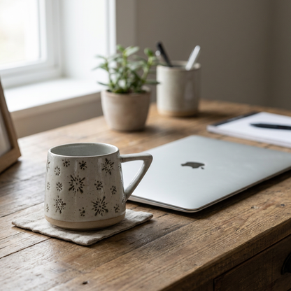 Snowflake botanical ceramic coffee mug on a desk beside a laptop