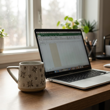Snowflake botanical ceramic coffee mug beside a laptop in a home office