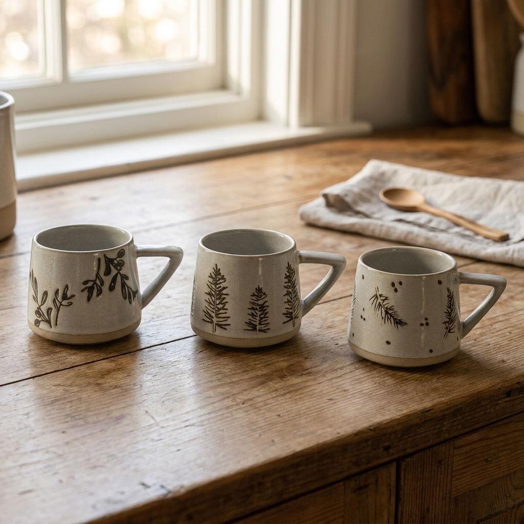 Three botanical ceramic coffee mugs styled together on a wood table