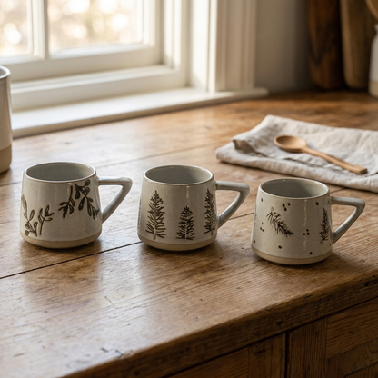 Three botanical ceramic coffee mugs styled together on a wood table
