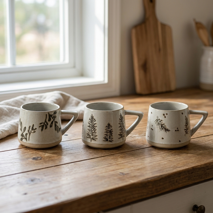 Three botanical ceramic coffee mugs on a table by a window