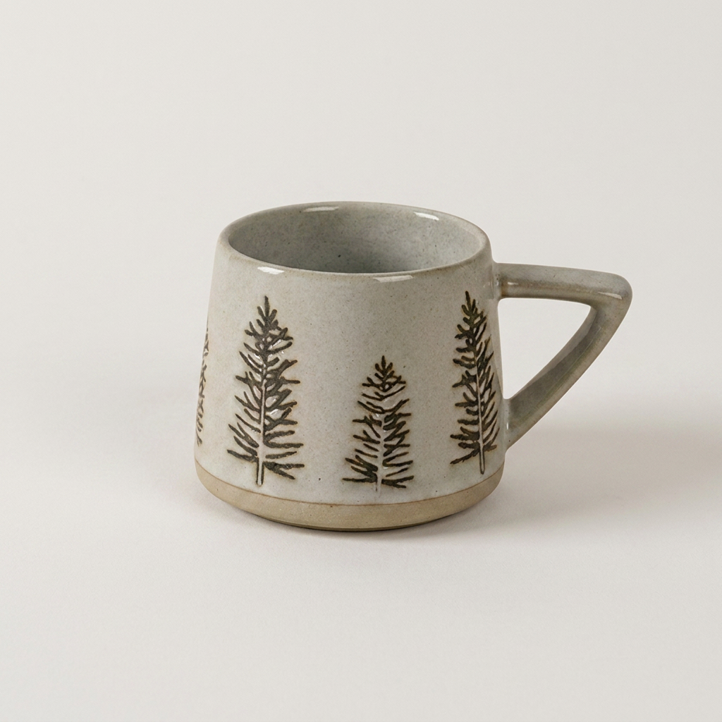 Botanical ceramic coffee mug with a hand-painted pine tree forest design on a clean off-white background