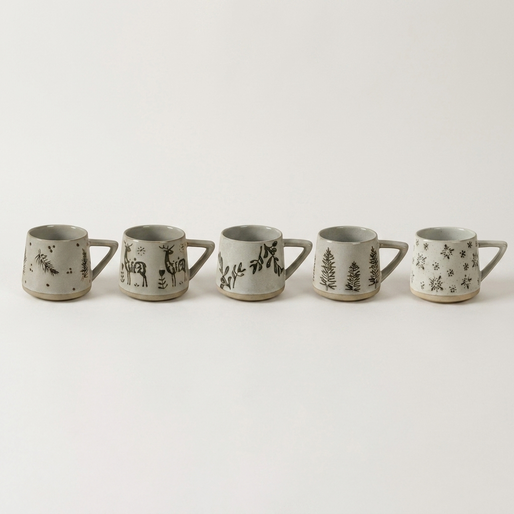 Set of botanical ceramic coffee mugs in five hand-painted designs on a clean off-white background