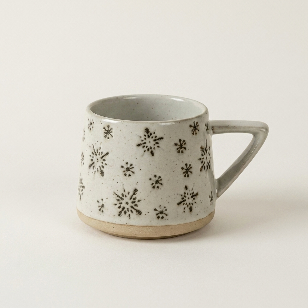 Botanical ceramic coffee mug with a hand-painted snowflake design on a clean off-white background