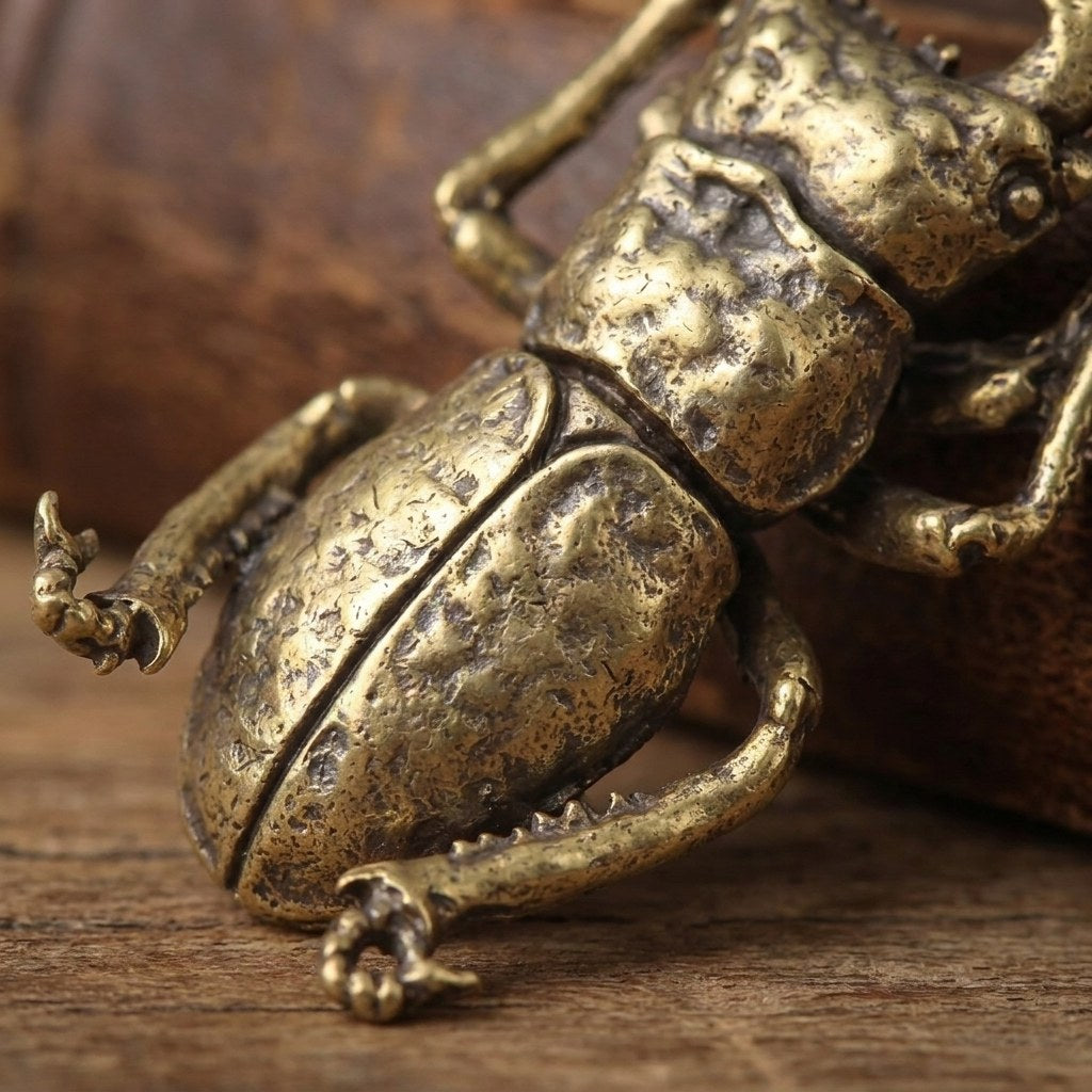 Close-up of a brass beetle ornament showing cast detail, Kiyo Home
