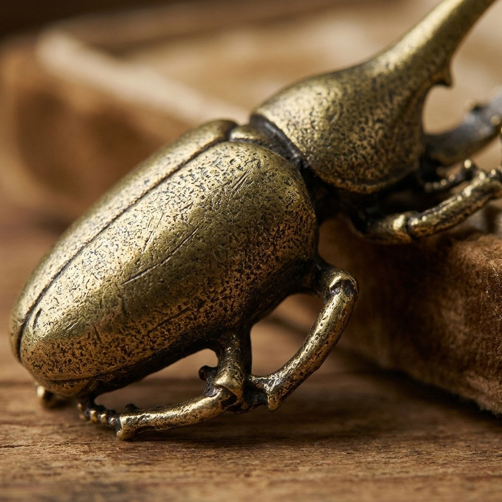 Close-up of the brass rhinoceros beetle ornament, Kiyo Home