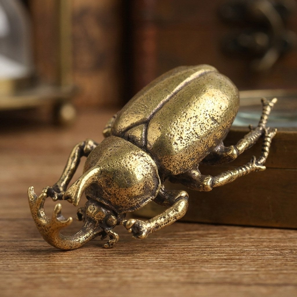 Close-up of the brass scarab beetle ornament, Kiyo Home